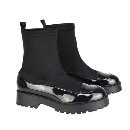 True Black - Front - XY London Womens-Ladies Kerry Patent Chunky Flat Biker Boots