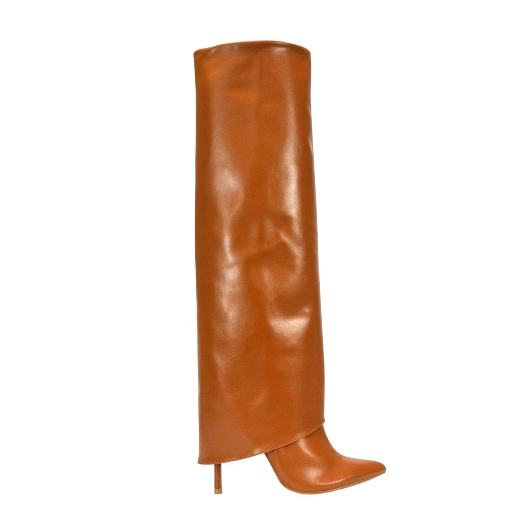 Tan - Side - XY London Womens-Ladies Shauna Fold Over Stiletto Heel Knee-High Boots