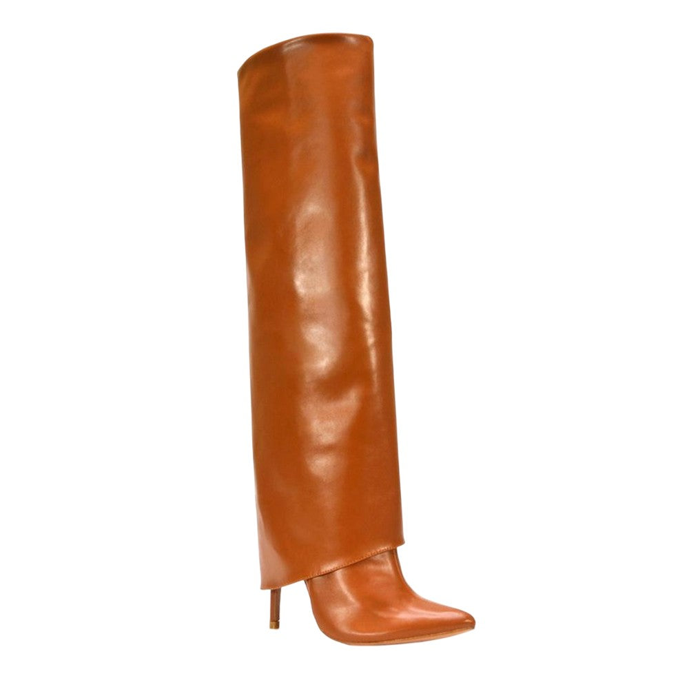 Tan - Pack Shot - XY London Womens-Ladies Shauna Fold Over Stiletto Heel Knee-High Boots