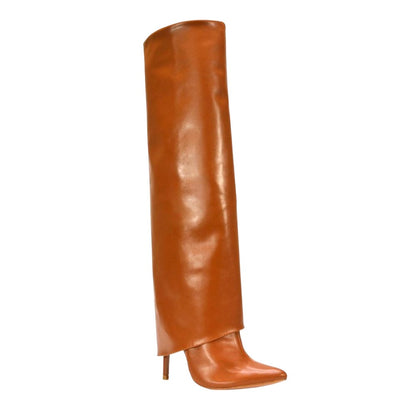 Tan - Pack Shot - XY London Womens-Ladies Shauna Fold Over Stiletto Heel Knee-High Boots