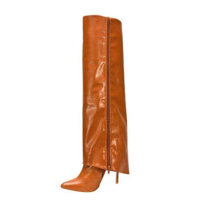 Tan - Lifestyle - XY London Womens-Ladies Shauna Fold Over Stiletto Heel Knee-High Boots