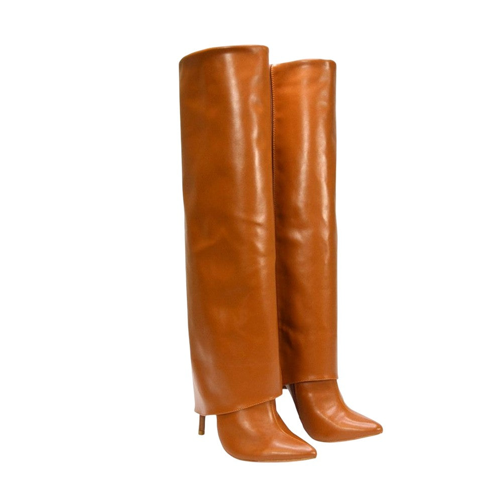 Tan - Front - XY London Womens-Ladies Shauna Fold Over Stiletto Heel Knee-High Boots