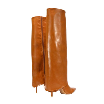 Tan - Back - XY London Womens-Ladies Shauna Fold Over Stiletto Heel Knee-High Boots