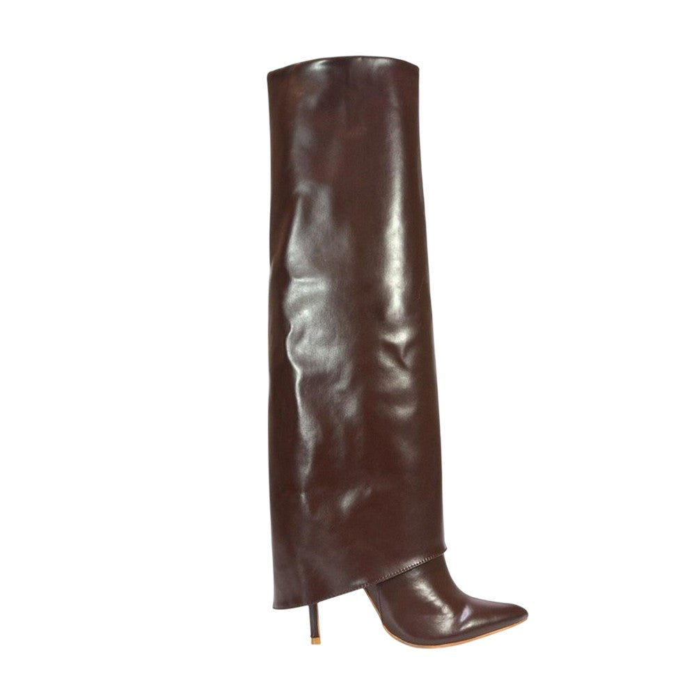 Brown - Side - XY London Womens-Ladies Shauna Fold Over Stiletto Heel Knee-High Boots