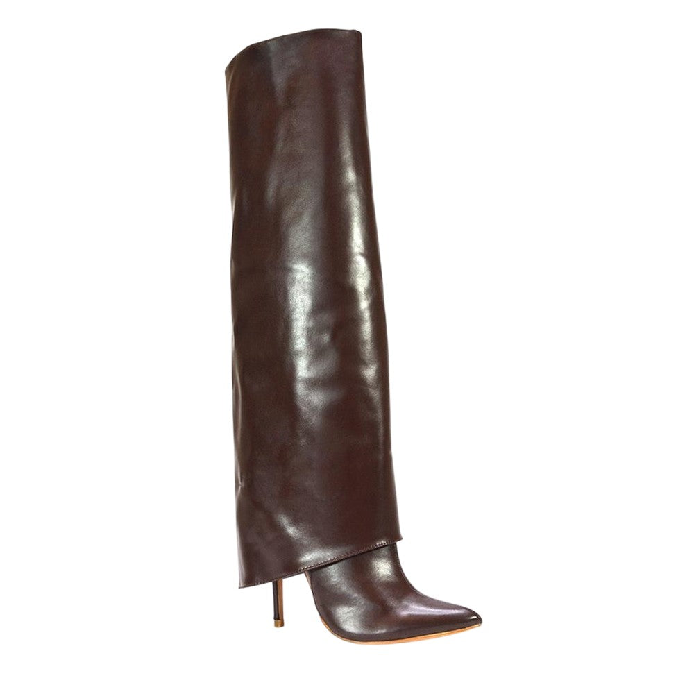 Brown - Pack Shot - XY London Womens-Ladies Shauna Fold Over Stiletto Heel Knee-High Boots