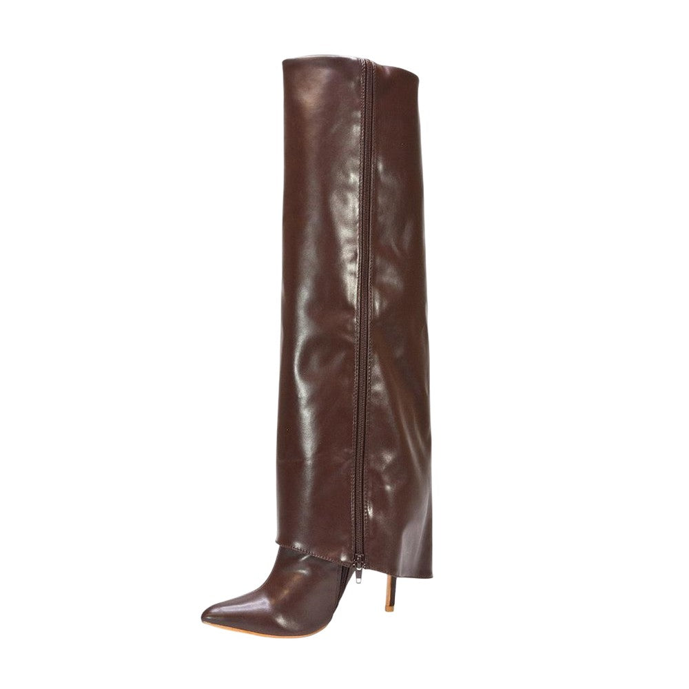 Brown - Lifestyle - XY London Womens-Ladies Shauna Fold Over Stiletto Heel Knee-High Boots