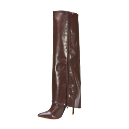 Brown - Lifestyle - XY London Womens-Ladies Shauna Fold Over Stiletto Heel Knee-High Boots
