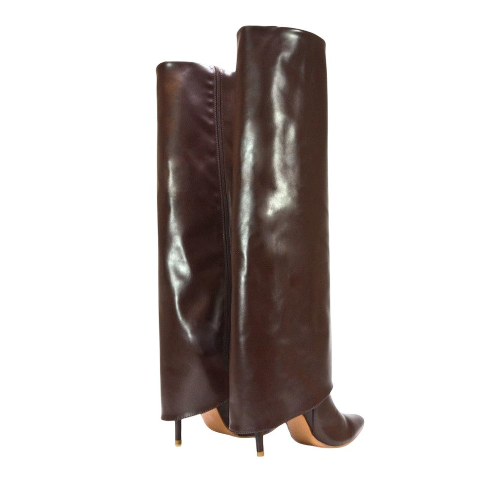 Brown - Back - XY London Womens-Ladies Shauna Fold Over Stiletto Heel Knee-High Boots