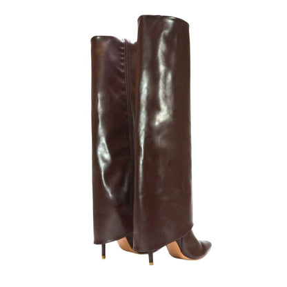 Brown - Back - XY London Womens-Ladies Shauna Fold Over Stiletto Heel Knee-High Boots