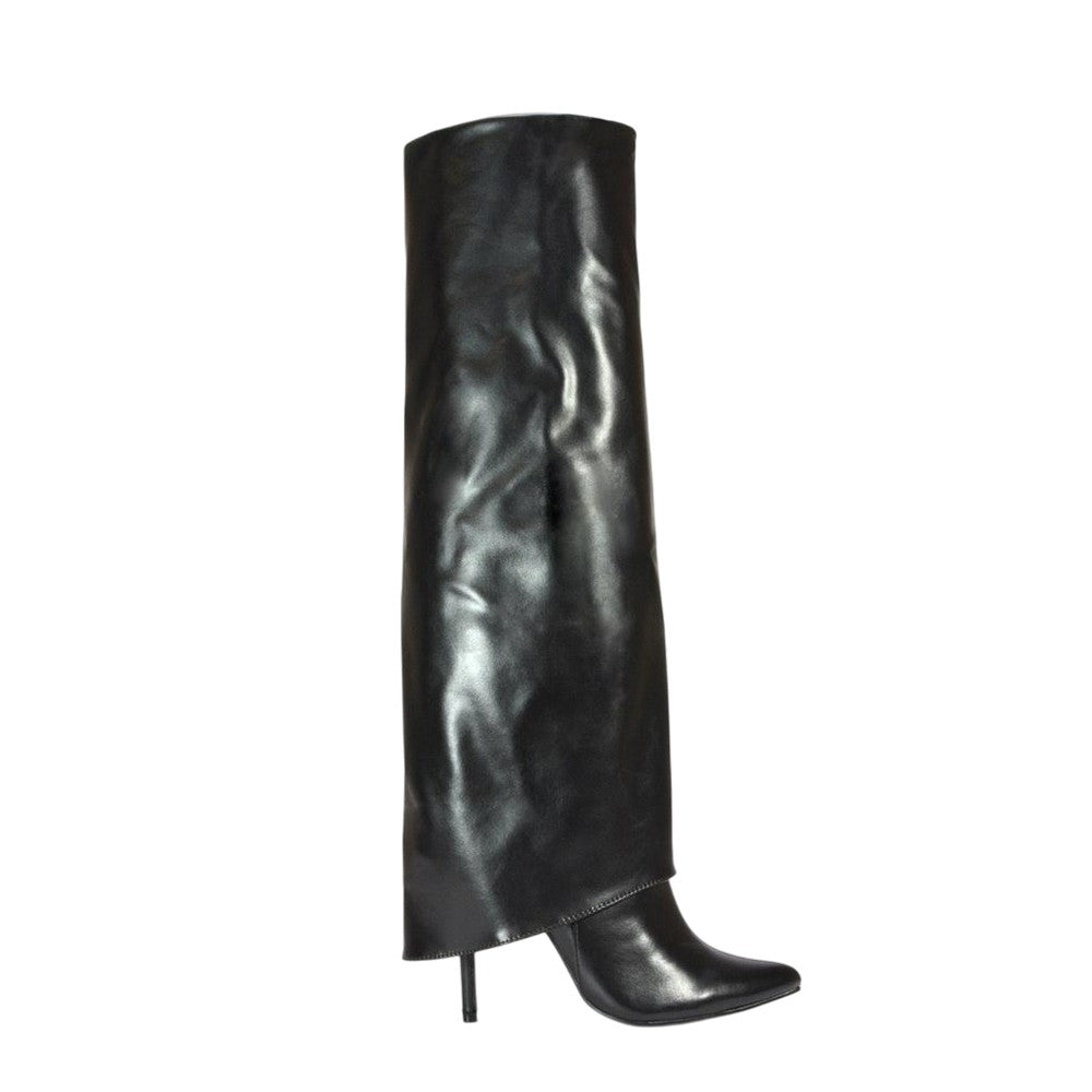 Black - Side - XY London Womens-Ladies Shauna Fold Over Stiletto Heel Knee-High Boots