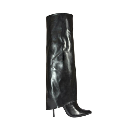 Black - Side - XY London Womens-Ladies Shauna Fold Over Stiletto Heel Knee-High Boots