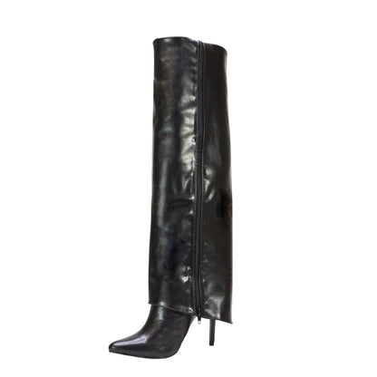 Black - Lifestyle - XY London Womens-Ladies Shauna Fold Over Stiletto Heel Knee-High Boots