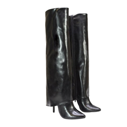 Black - Front - XY London Womens-Ladies Shauna Fold Over Stiletto Heel Knee-High Boots