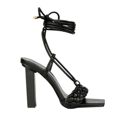 Black - Side - XY London Womens-Ladies Mira Strappy Square Toe Lace Up Block Heel High Heels