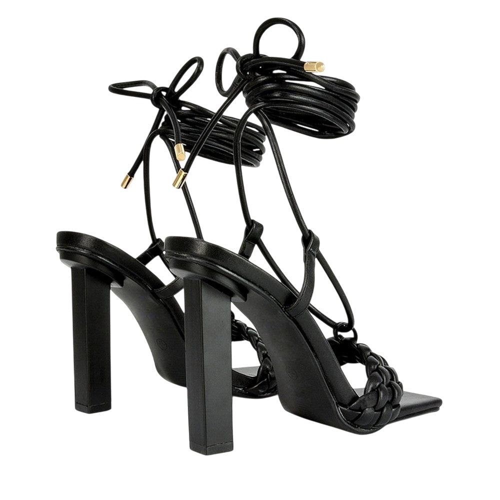 Black - Back - XY London Womens-Ladies Mira Strappy Square Toe Lace Up Block Heel High Heels