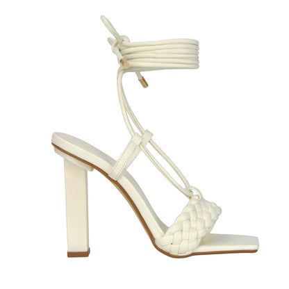 White - Side - XY London Womens-Ladies Mira Strappy Square Toe Lace Up Block Heel High Heels