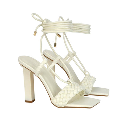 White - Front - XY London Womens-Ladies Mira Strappy Square Toe Lace Up Block Heel High Heels