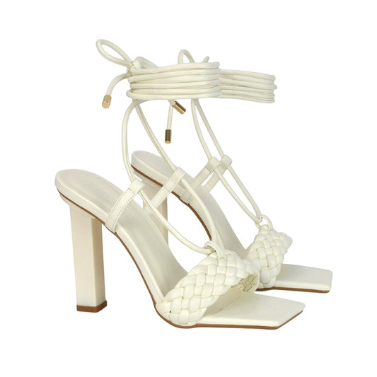 White - Front - XY London Womens-Ladies Mira Strappy Square Toe Lace Up Block Heel High Heels