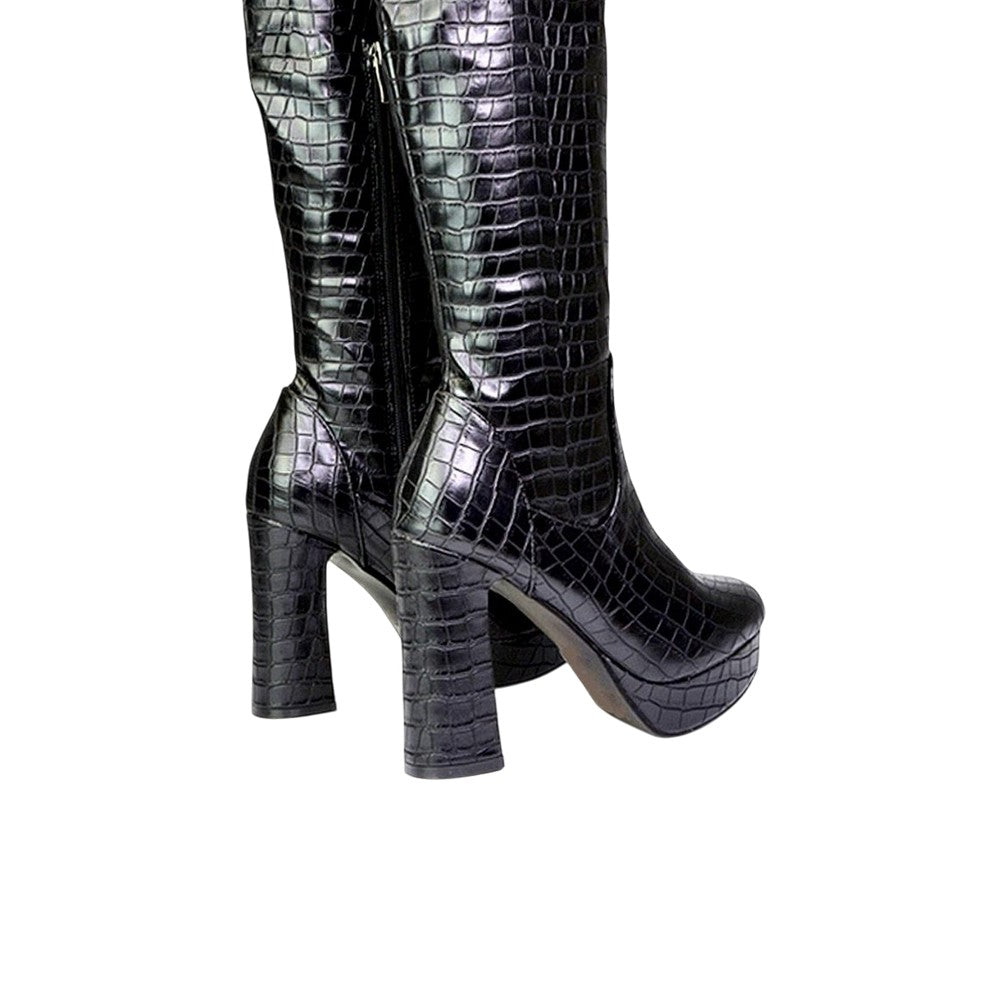 True Black - Back - XY London Womens-Ladies Theo Crocodile Print High Block Heel Knee-High Boots