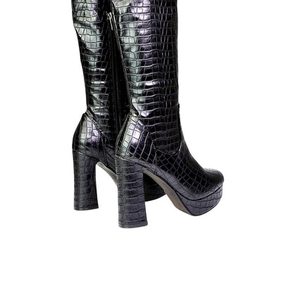 True Black - Back - XY London Womens-Ladies Theo Crocodile Print High Block Heel Knee-High Boots