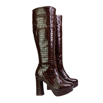 Brown - Lifestyle - XY London Womens-Ladies Theo Crocodile Print High Block Heel Knee-High Boots