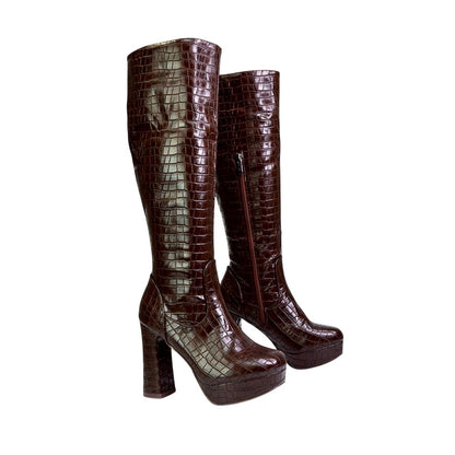 Brown - Front - XY London Womens-Ladies Theo Crocodile Print High Block Heel Knee-High Boots