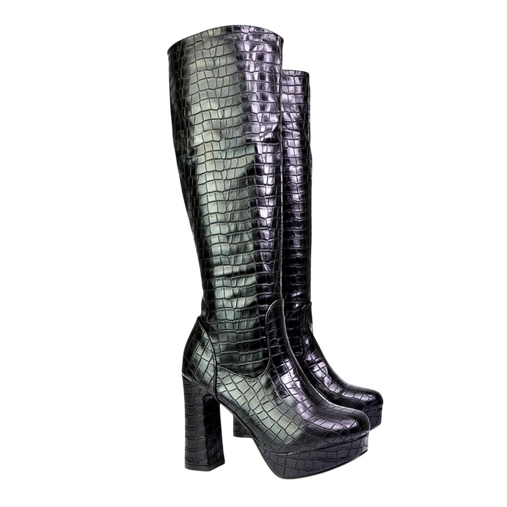 True Black - Lifestyle - XY London Womens-Ladies Theo Crocodile Print High Block Heel Knee-High Boots