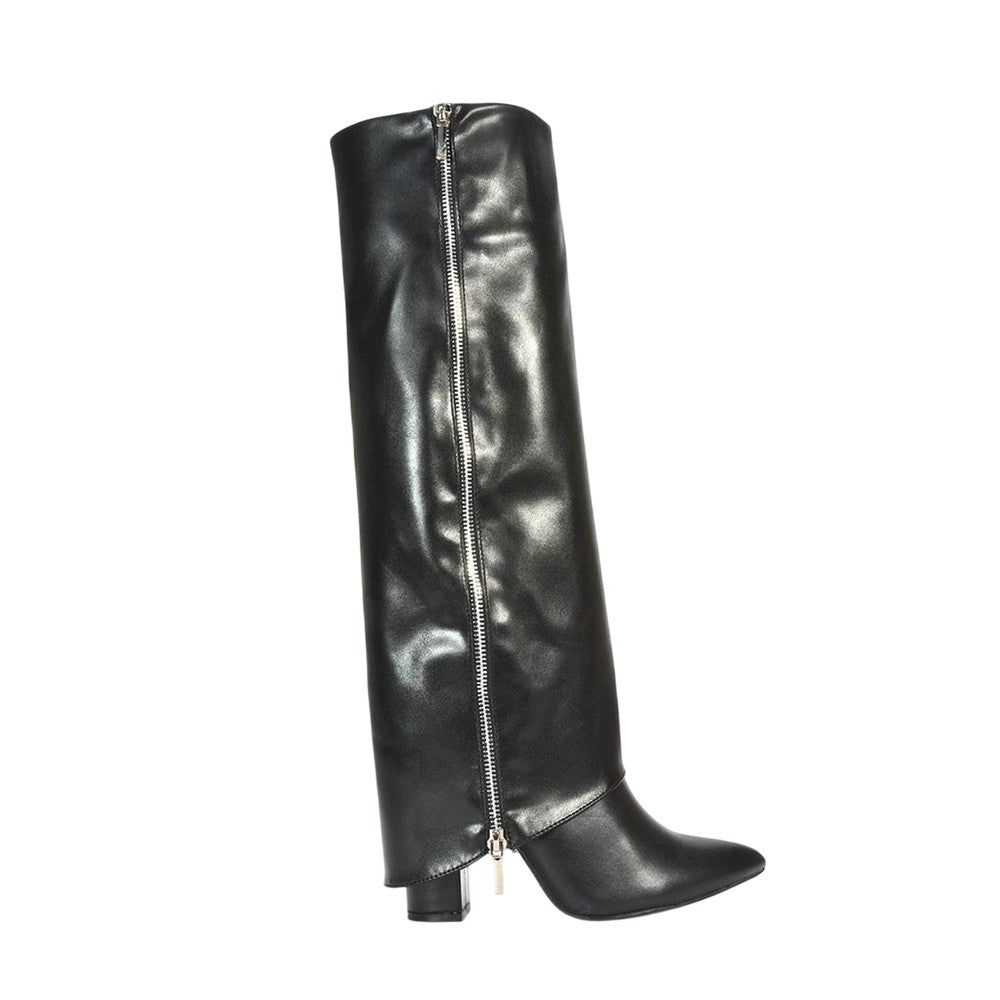 Black - Side - XY London Womens-Ladies Allie Fold Over Pointed Side Zip Knee-High Boots