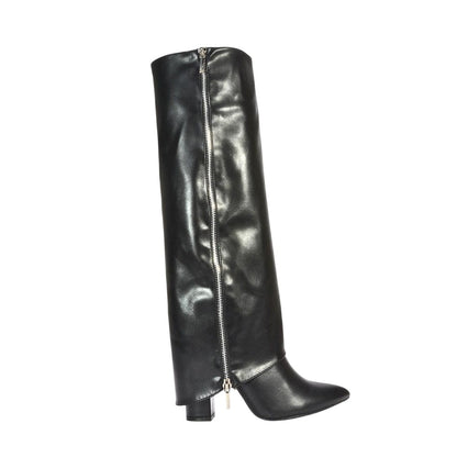 Black - Side - XY London Womens-Ladies Allie Fold Over Pointed Side Zip Knee-High Boots