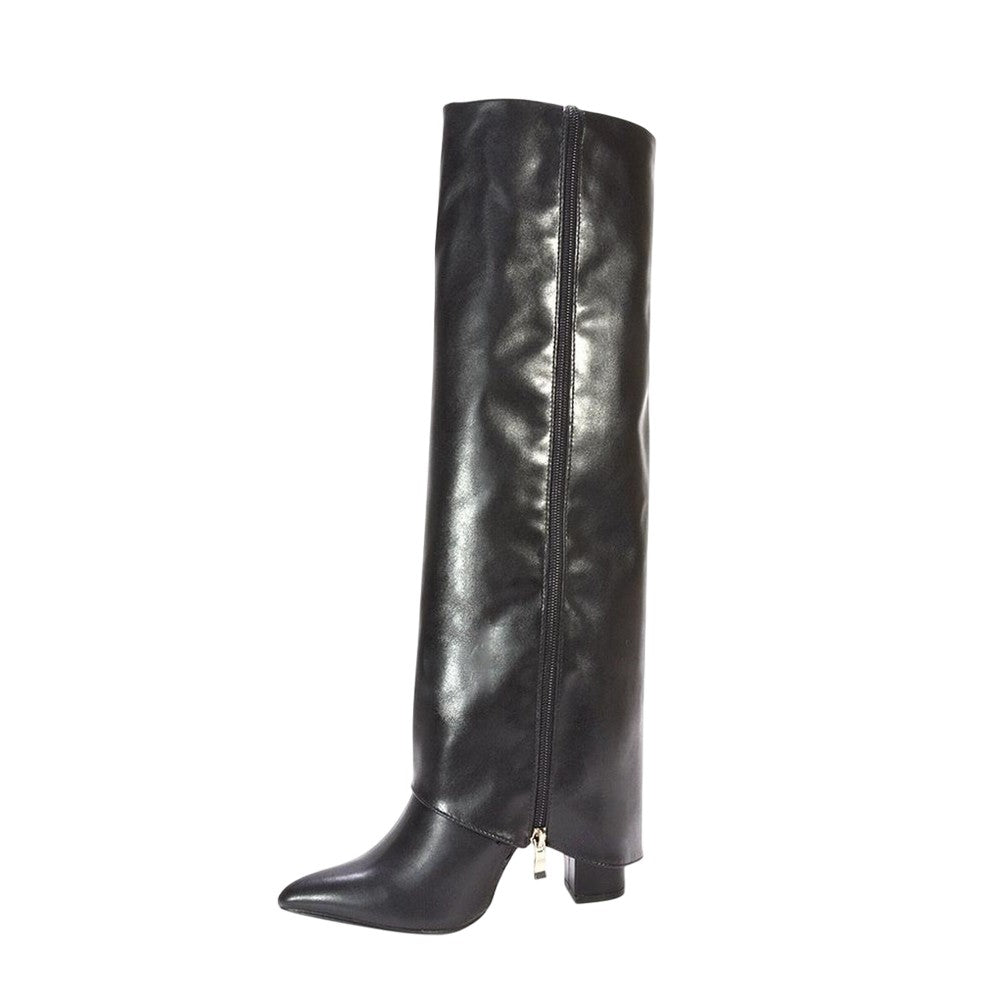 Black - Lifestyle - XY London Womens-Ladies Allie Fold Over Pointed Side Zip Knee-High Boots