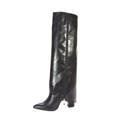 Black - Lifestyle - XY London Womens-Ladies Allie Fold Over Pointed Side Zip Knee-High Boots
