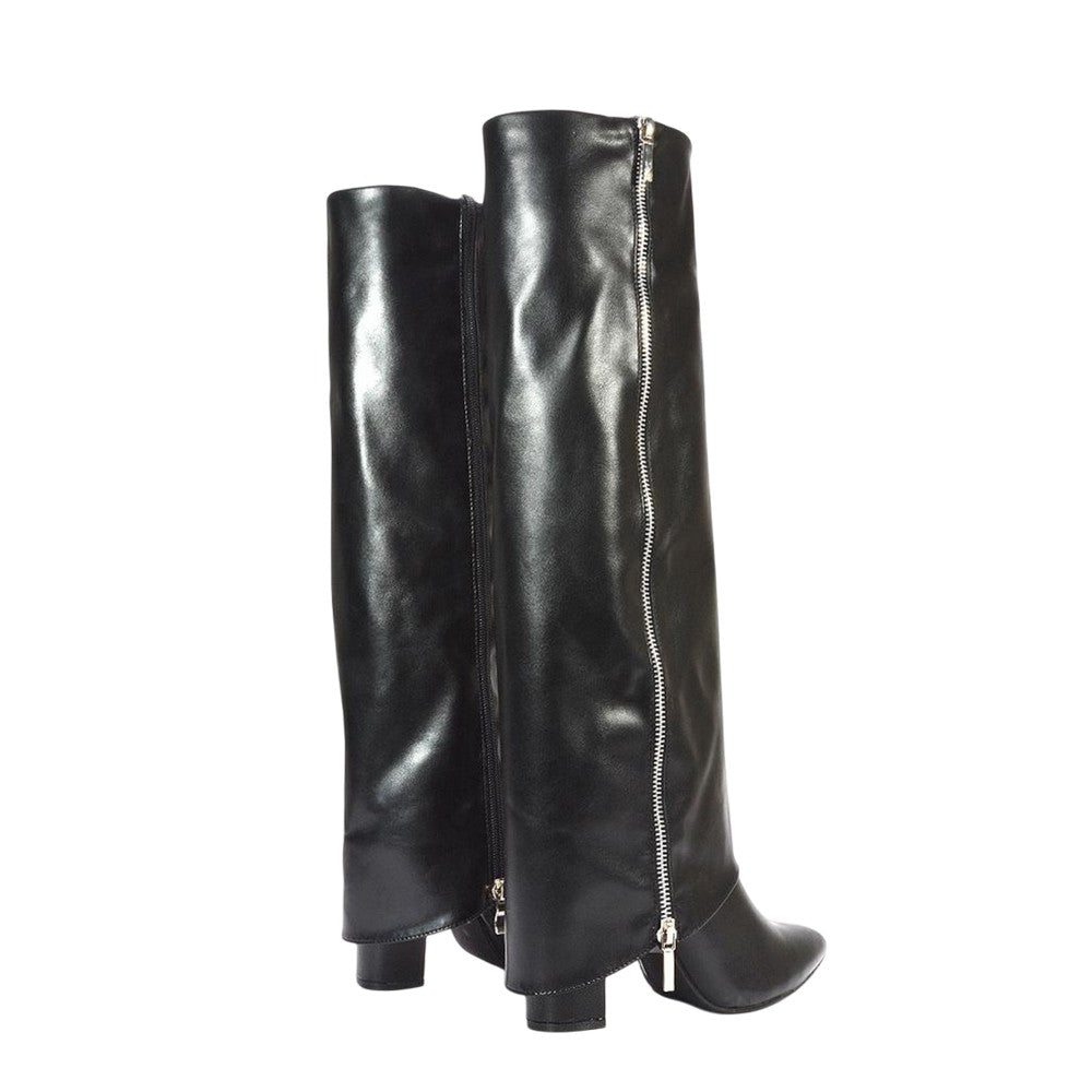 Black - Back - XY London Womens-Ladies Allie Fold Over Pointed Side Zip Knee-High Boots