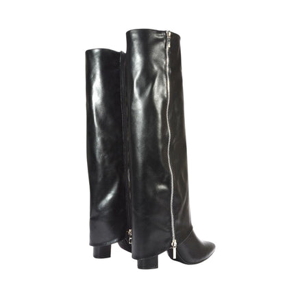 Black - Back - XY London Womens-Ladies Allie Fold Over Pointed Side Zip Knee-High Boots