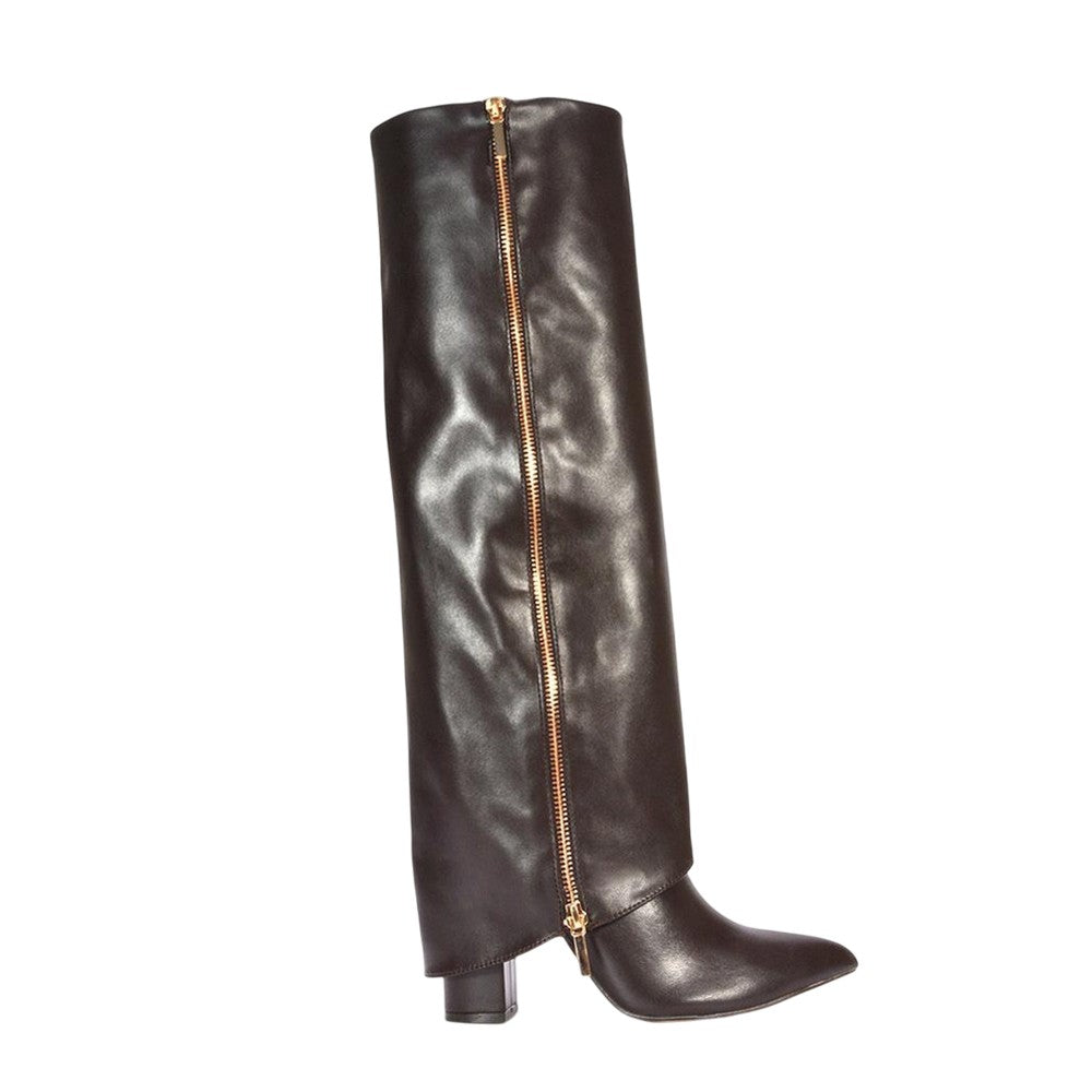 Brown - Side - XY London Womens-Ladies Allie Fold Over Pointed Side Zip Knee-High Boots