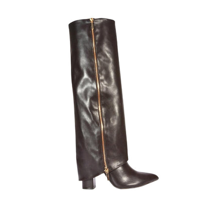 Brown - Side - XY London Womens-Ladies Allie Fold Over Pointed Side Zip Knee-High Boots