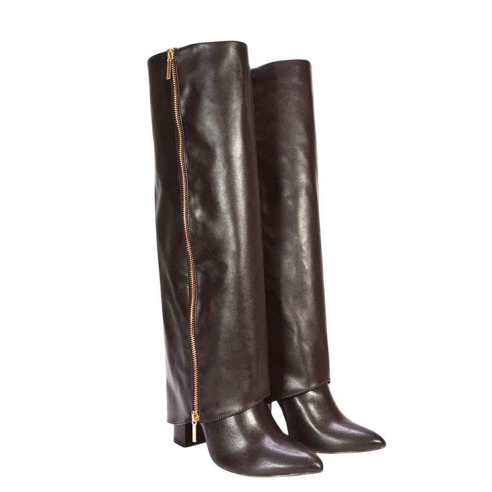 Brown - Front - XY London Womens-Ladies Allie Fold Over Pointed Side Zip Knee-High Boots
