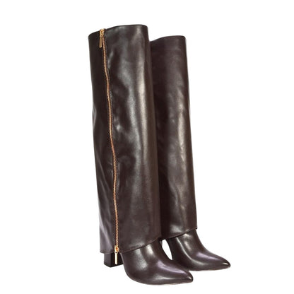 Brown - Front - XY London Womens-Ladies Allie Fold Over Pointed Side Zip Knee-High Boots