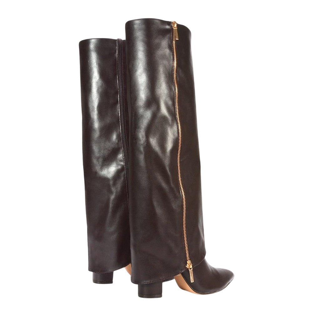 Brown - Back - XY London Womens-Ladies Allie Fold Over Pointed Side Zip Knee-High Boots