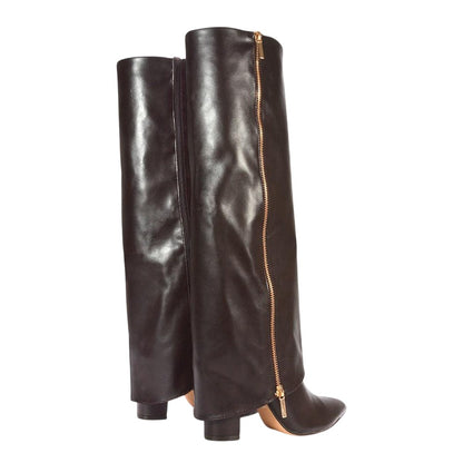 Brown - Back - XY London Womens-Ladies Allie Fold Over Pointed Side Zip Knee-High Boots