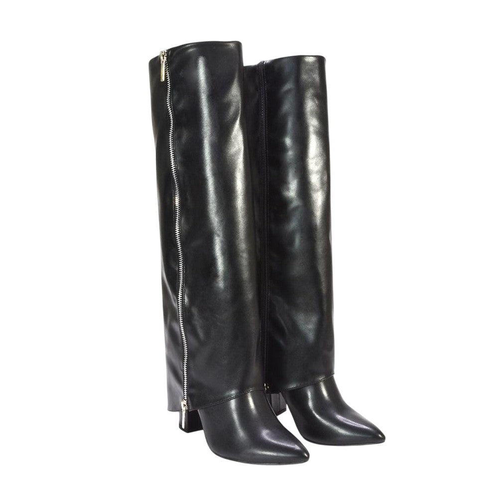 Black - Front - XY London Womens-Ladies Allie Fold Over Pointed Side Zip Knee-High Boots