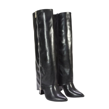 Black - Front - XY London Womens-Ladies Allie Fold Over Pointed Side Zip Knee-High Boots