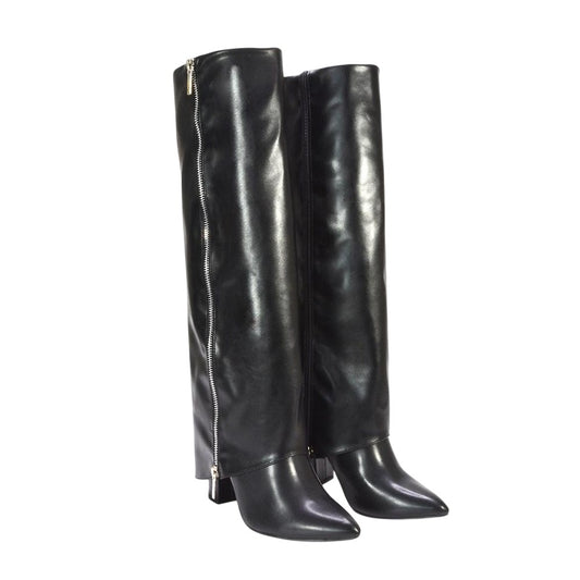 Black - Front - XY London Womens-Ladies Allie Fold Over Pointed Side Zip Knee-High Boots