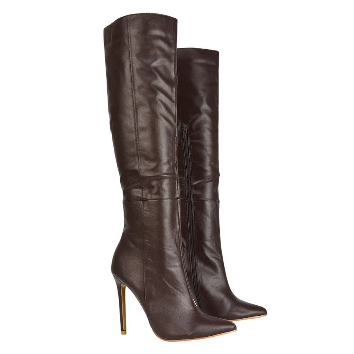 Brown - Front - XY London Womens-Ladies Nora Pointed Side Zip High Stiletto Heel Knee-High Boots