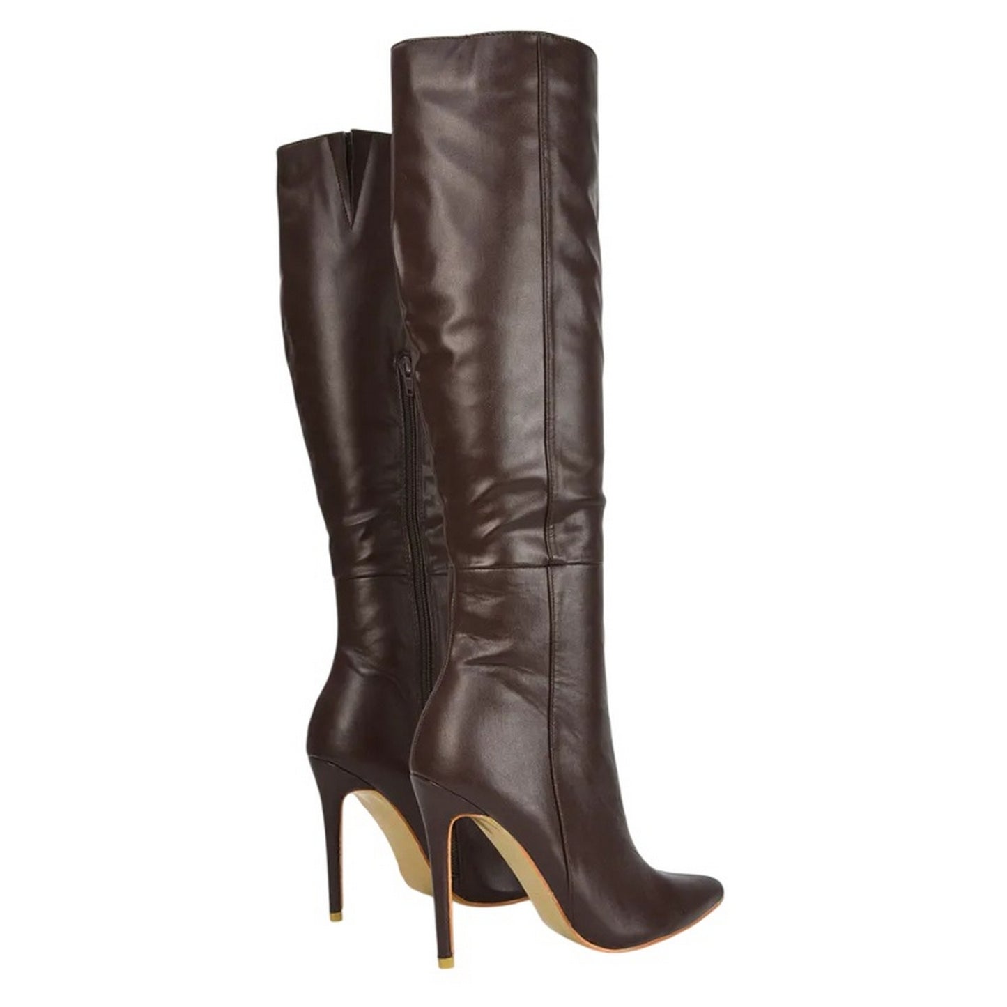 Brown - Back - XY London Womens-Ladies Nora Pointed Side Zip High Stiletto Heel Knee-High Boots
