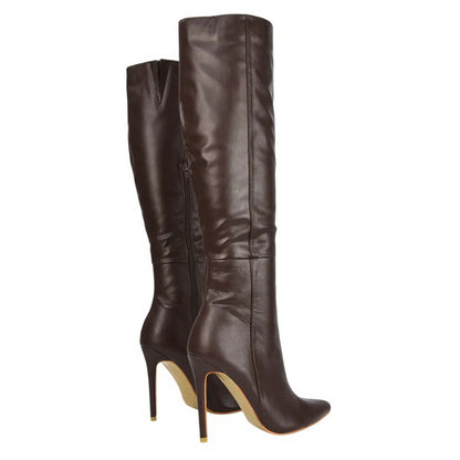 Brown - Back - XY London Womens-Ladies Nora Pointed Side Zip High Stiletto Heel Knee-High Boots