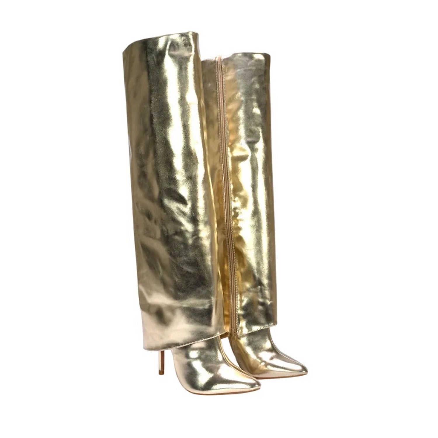 Metallic Gold - Front - XY London Womens-Ladies Shauna Fold Over Metallic High Stiletto Heel Knee-High Boots