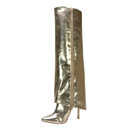 Metallic Gold - Lifestyle - XY London Womens-Ladies Shauna Fold Over Metallic High Stiletto Heel Knee-High Boots