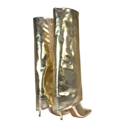 Metallic Gold - Back - XY London Womens-Ladies Shauna Fold Over Metallic High Stiletto Heel Knee-High Boots