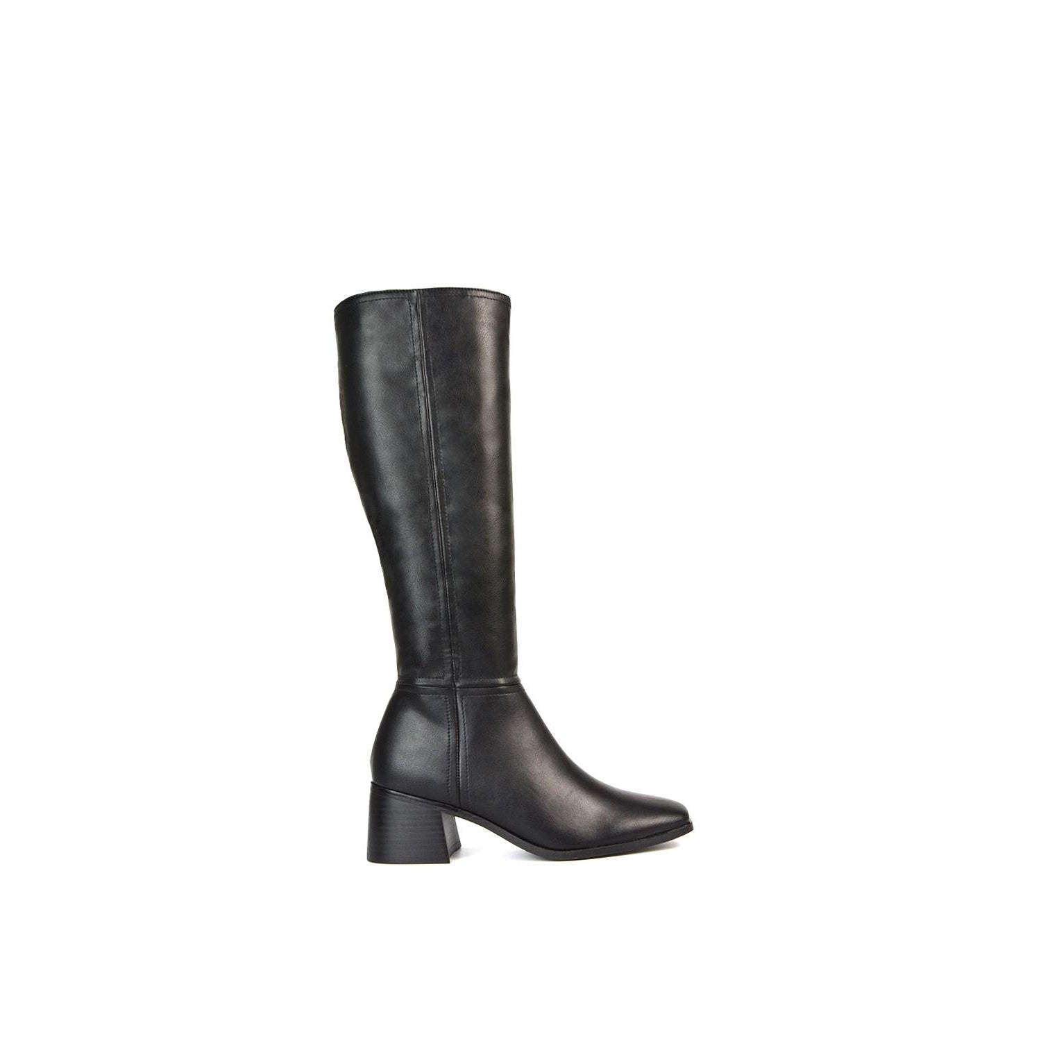 Black - Front - XY London Womens-Ladies Ruby Square Toe Side Zip Low Heel Knee-High Boots