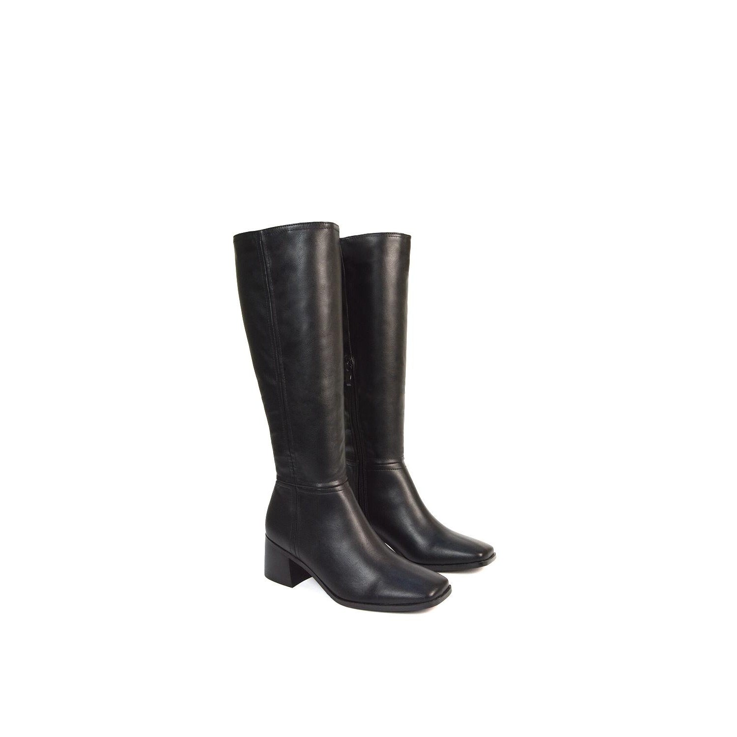 Black - Side - XY London Womens-Ladies Ruby Square Toe Side Zip Low Heel Knee-High Boots